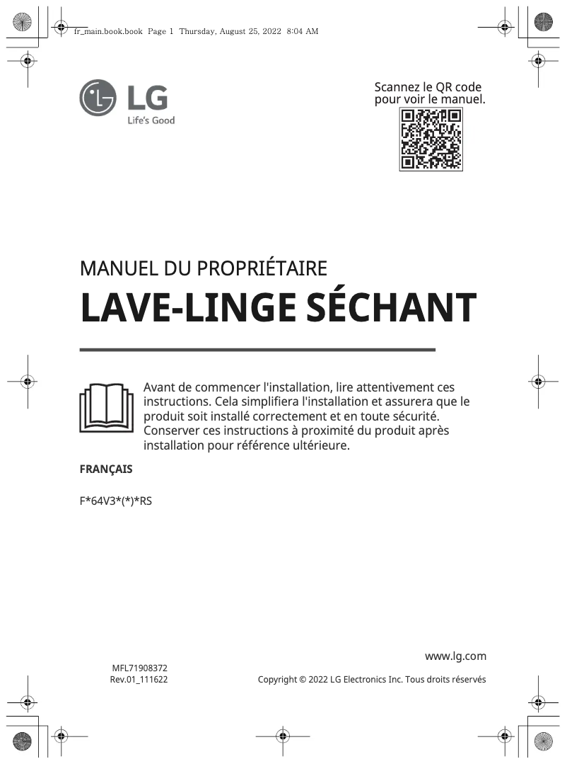 Page 1 de la notice Manuel utilisateur LG F864V31WR