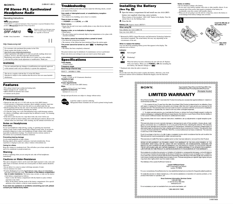 Page 1 de la notice Manuel utilisateur Sony SRF-HM10