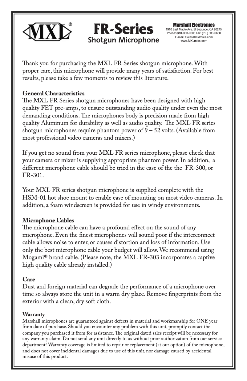Page 1 de la notice Manuel utilisateur MXL FR-401