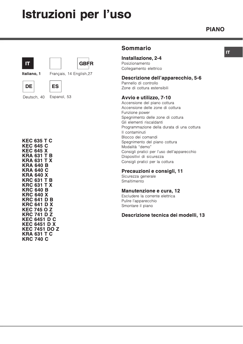 Page 1 de la notice Manuel utilisateur Hotpoint KRC 741 D Z