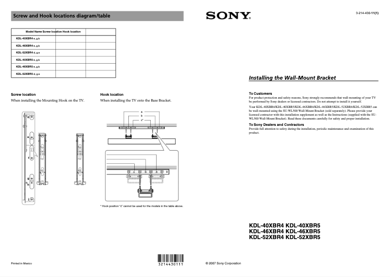 Page n°1 - Guide d'installation Sony Bravia KDL-46XBR4