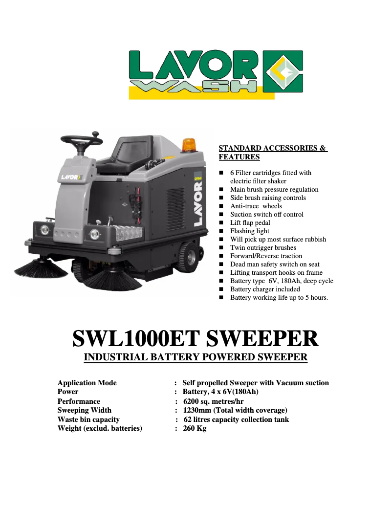 Página 1 del manual Ficha técnica Lavorwash SWL1000ET