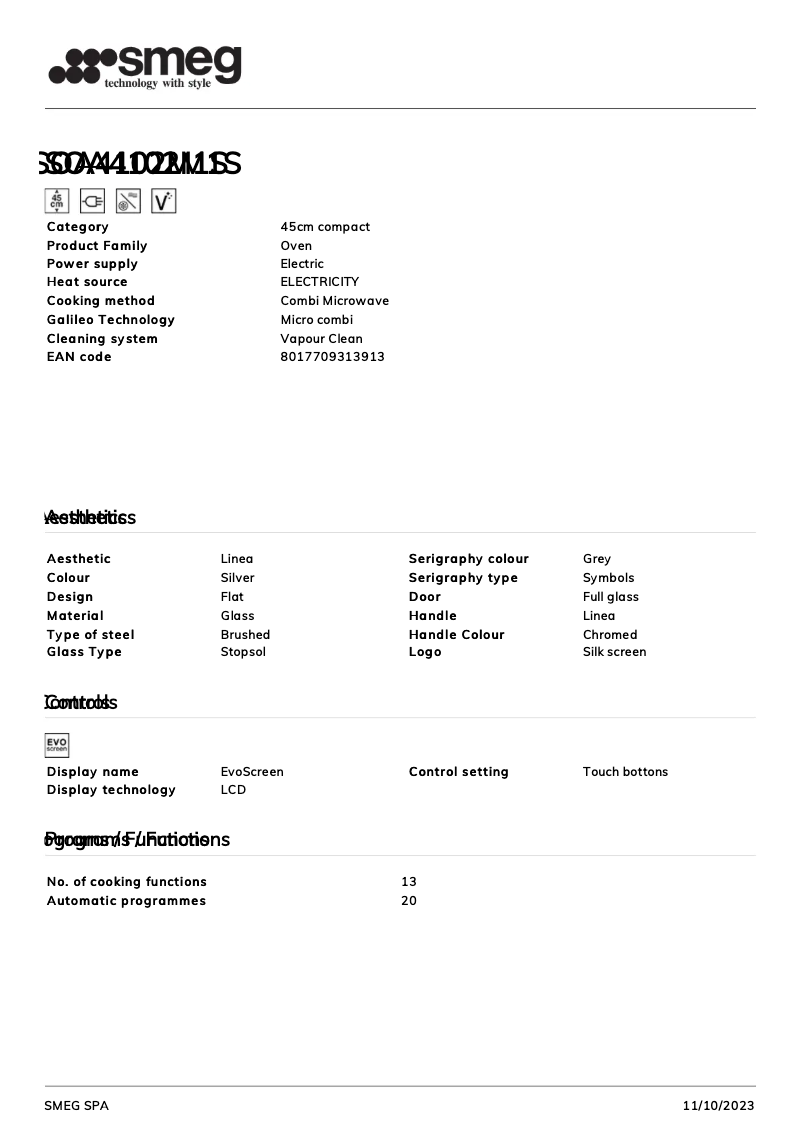 Page n°1 - Fiche technique Smeg SOA4102M1S