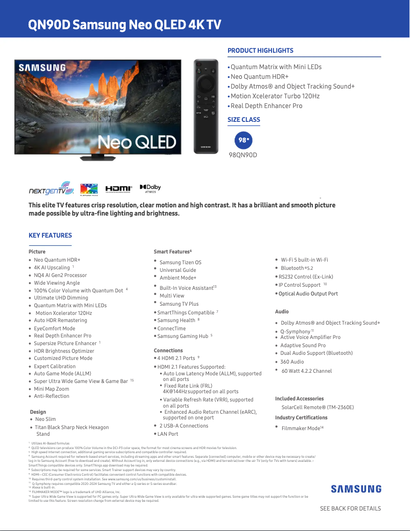 Page 1 de la notice Fiche technique Samsung QN98QN90DAF