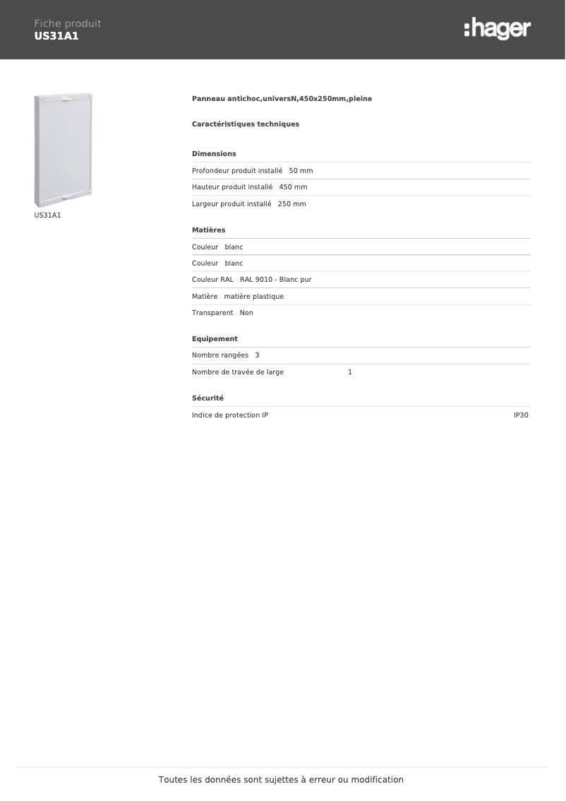 Page 1 de la notice Fiche technique Hager US31A1