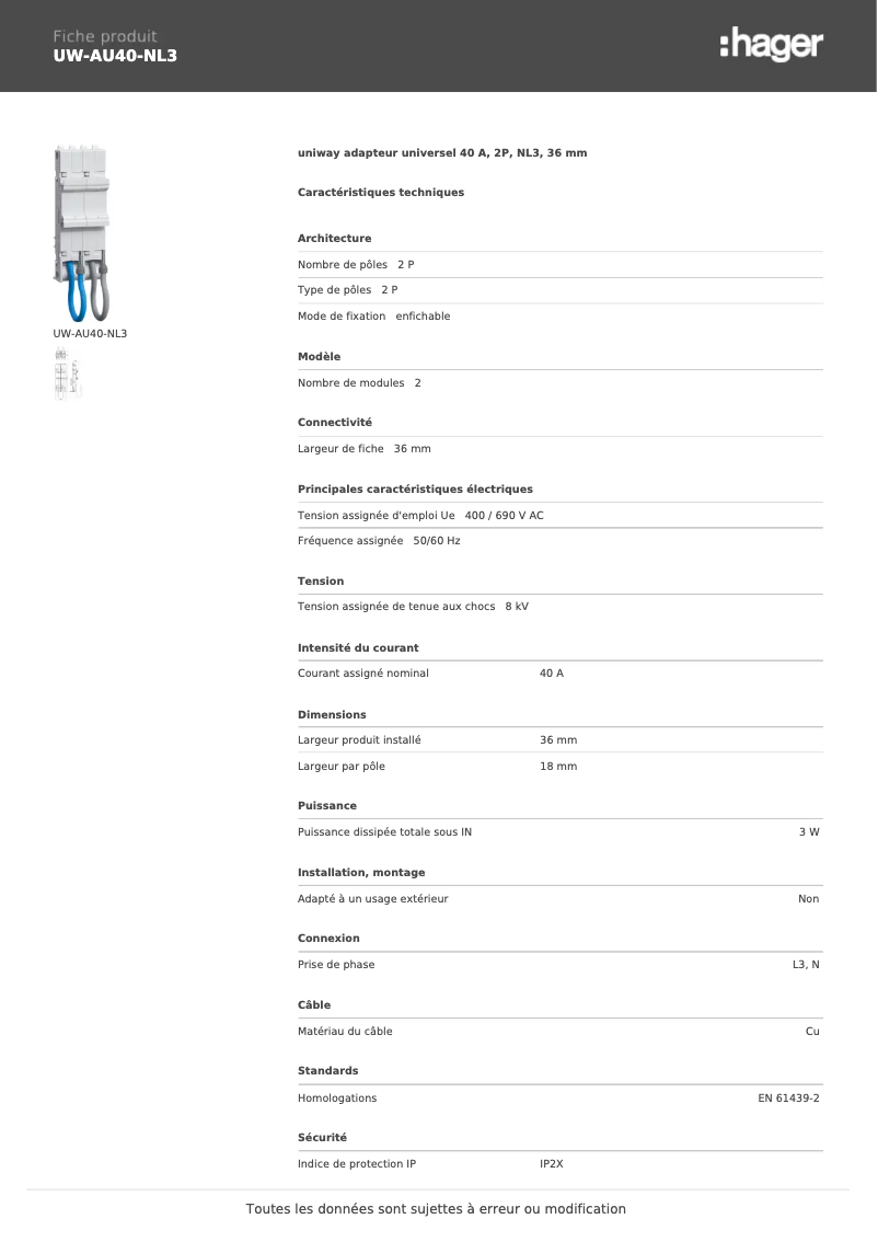 Page 1 de la notice Manuel utilisateur Hager UW-AU40-NL3