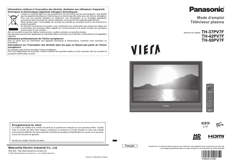 Page 1 of the manual User Manual Panasonic Viera TH-37PV7F