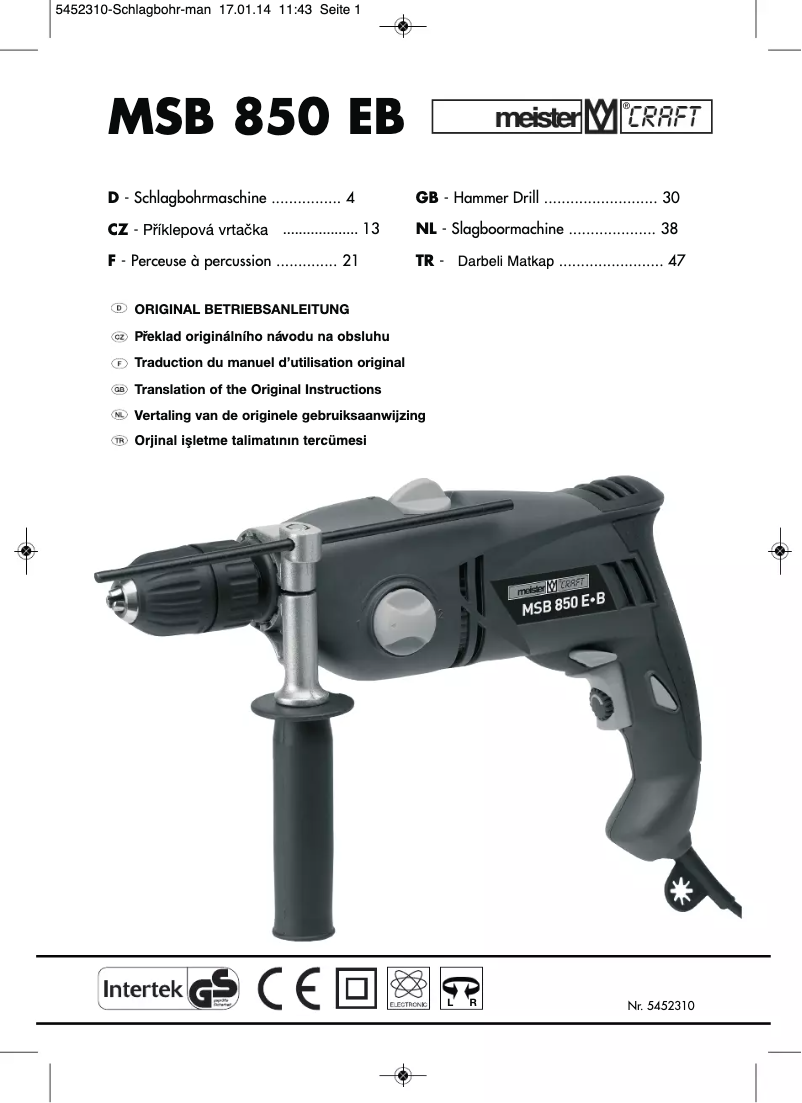 Page 1 de la notice Manuel utilisateur Meister Craft MSB 850 EB