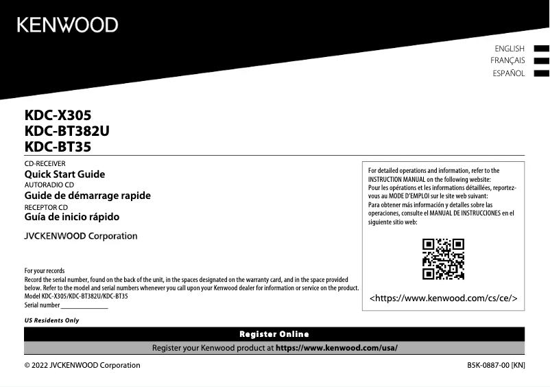 Page 1 de la notice Guide de démarrage rapide Kenwood KDC-X305