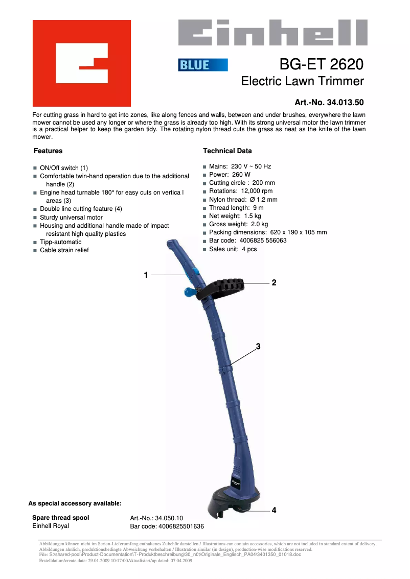 Page n°1 - Manuel utilisateur Einhell BG-ET 2620