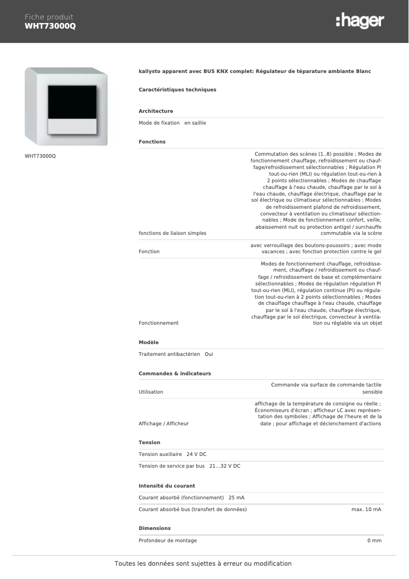 Page n°1 - Fiche technique Hager WHT73000Q