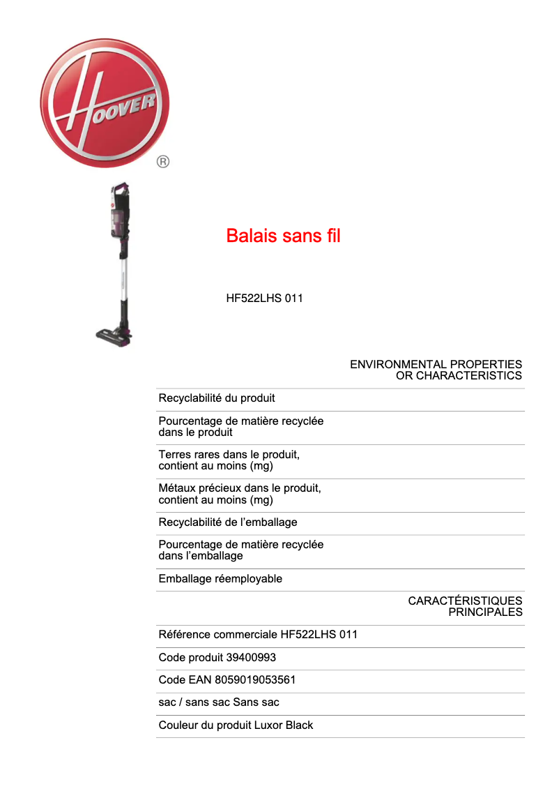 Page n°1 - Fiche technique Hoover HF522LHS 011