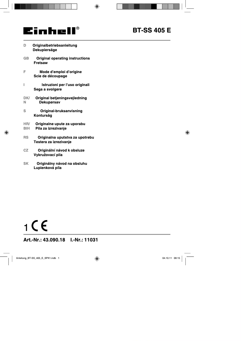 Page 1 de la notice Manuel utilisateur Einhell BT-SS 405 E