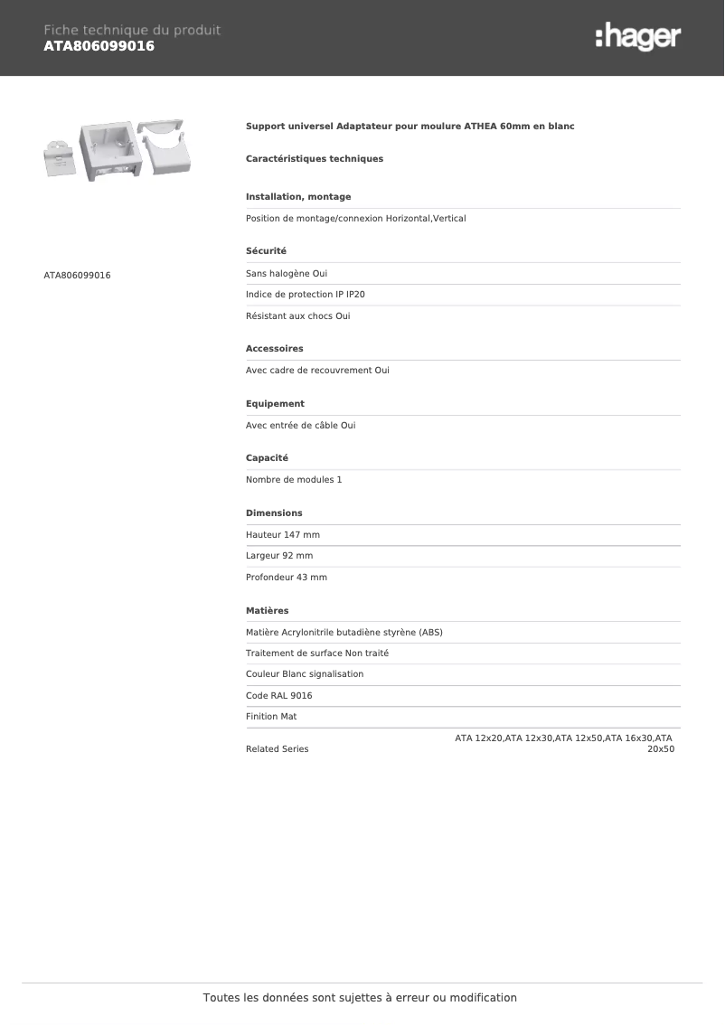 Page n°1 - Fiche technique Hager ATA806099016