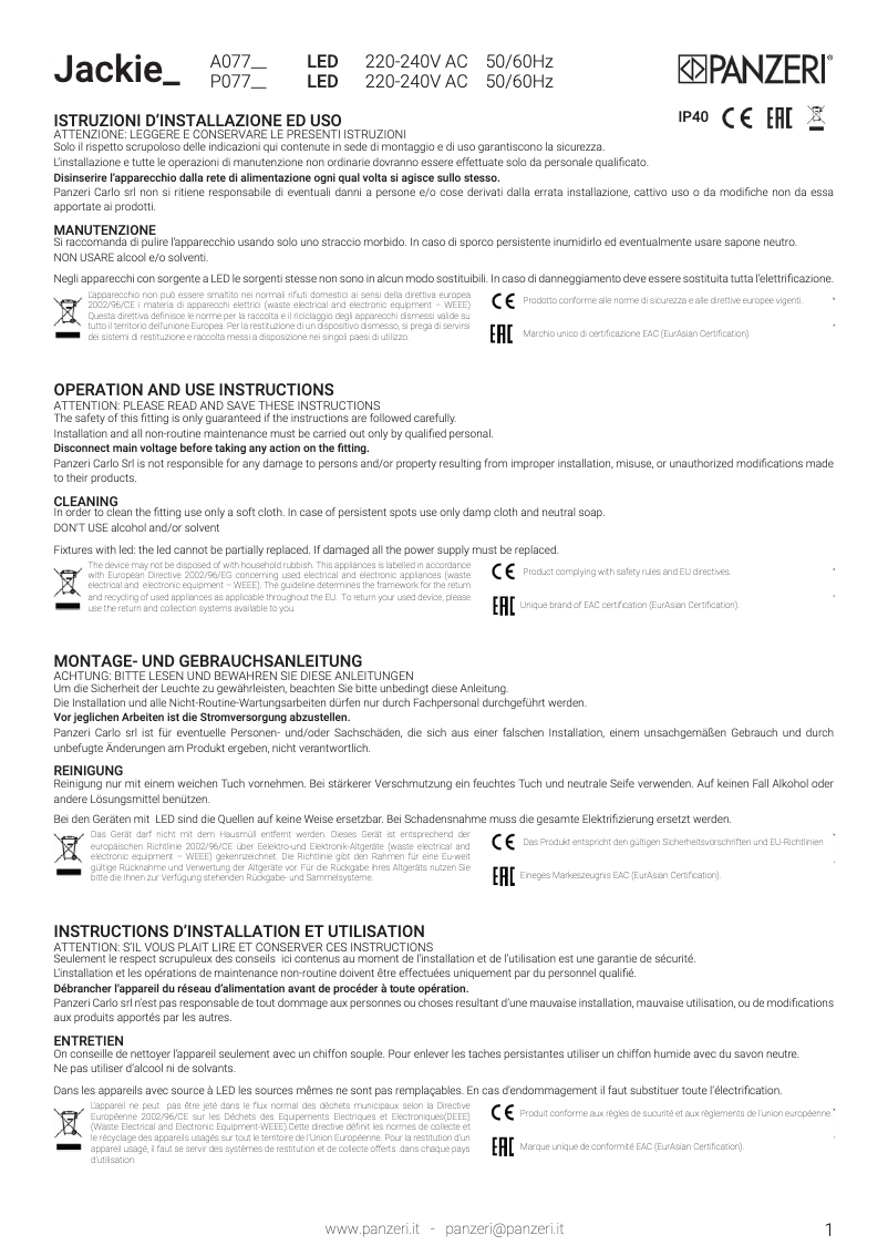 Page 1 de la notice Manuel utilisateur Panzeri Jackie
