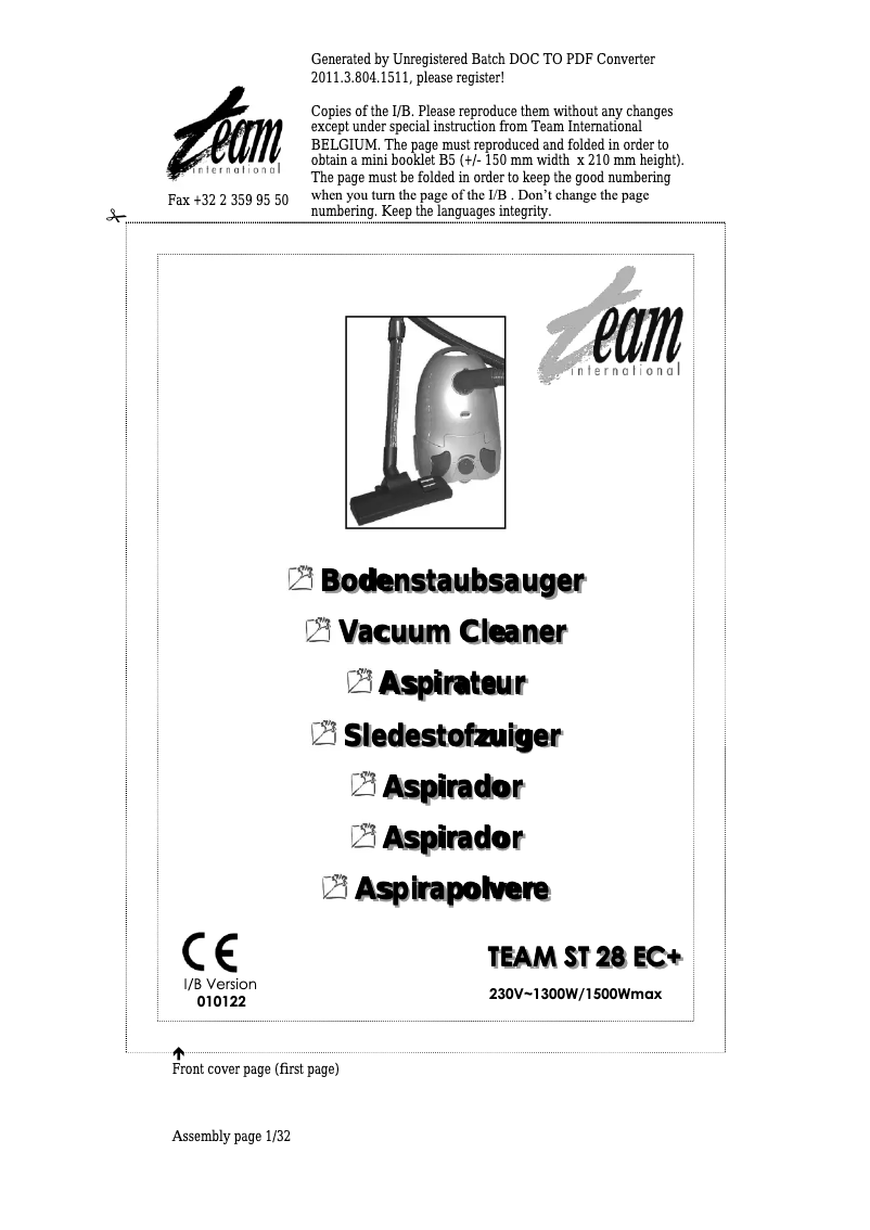 Page 1 de la notice Manuel utilisateur Team ST 28 EC