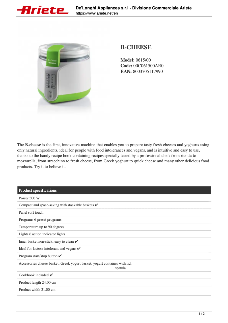 Image de la première page du manuel de l'appareil B-cheese 615