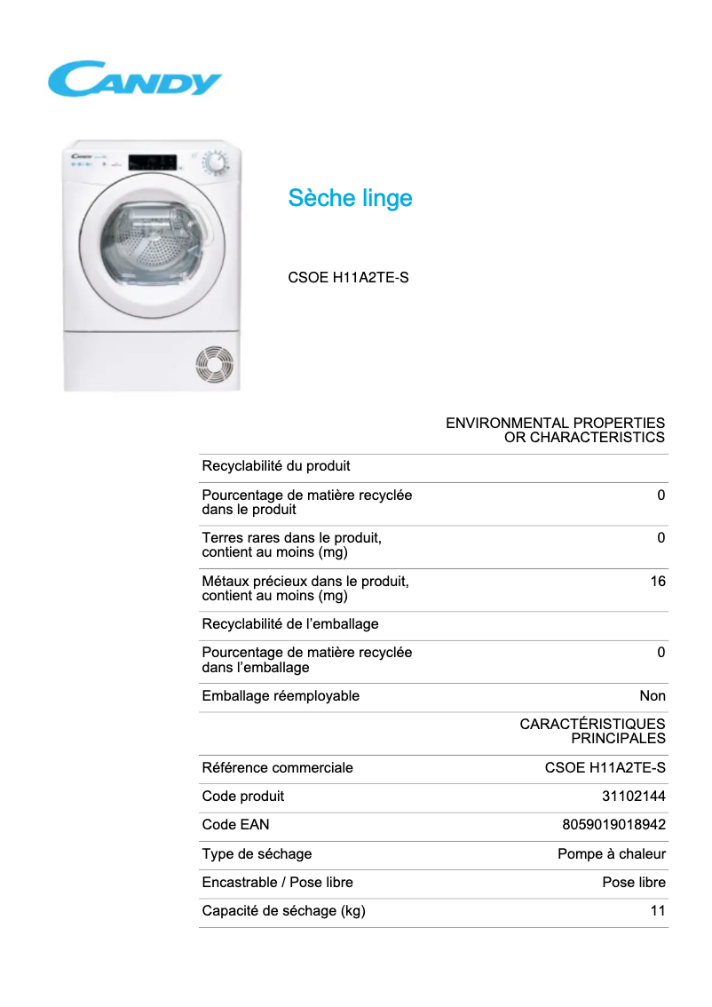 Page 1 de la notice Fiche technique Candy CSOE H11A2TE-S