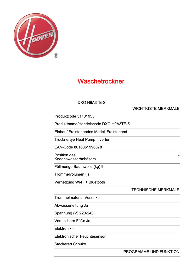Page 1 de la notice Fiche technique Hoover DXO H9A3TE-S
