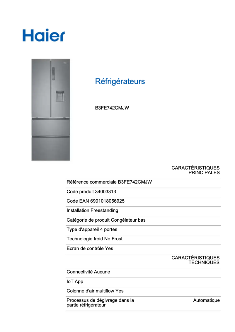 Page n°1 - Fiche technique Haier B3FE742CMJW