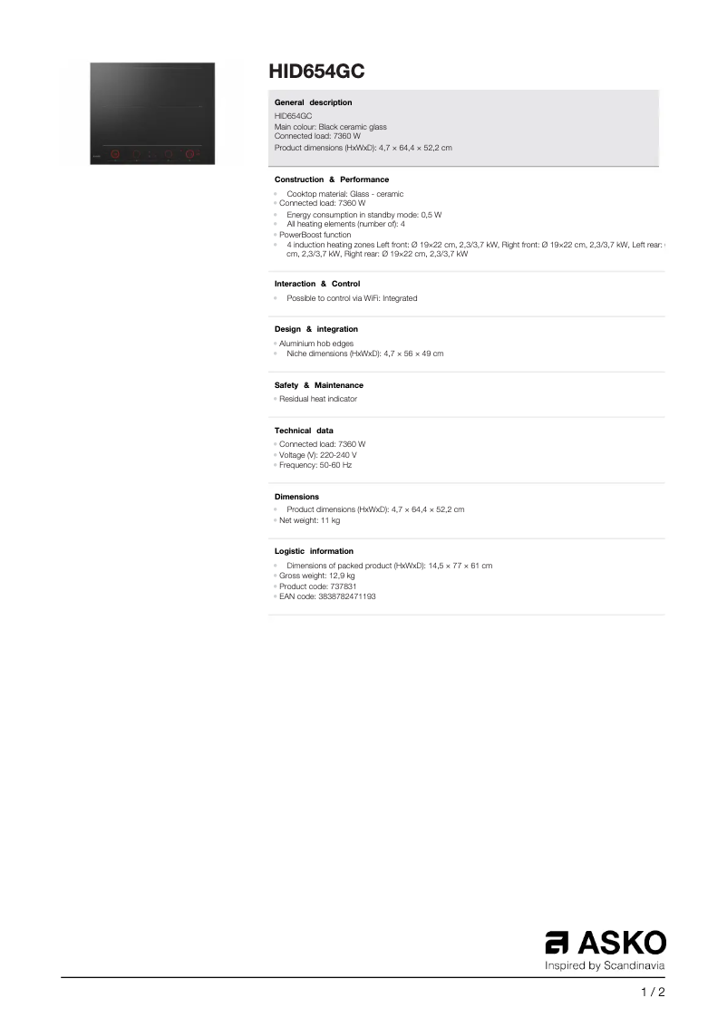 Page n°1 - Fiche technique Asko HID654GC