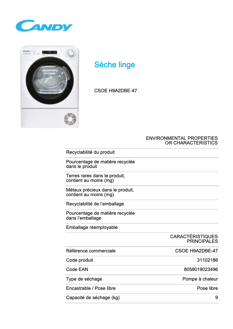Page n°1 - Fiche technique Candy CSOE H9A2DBE-47