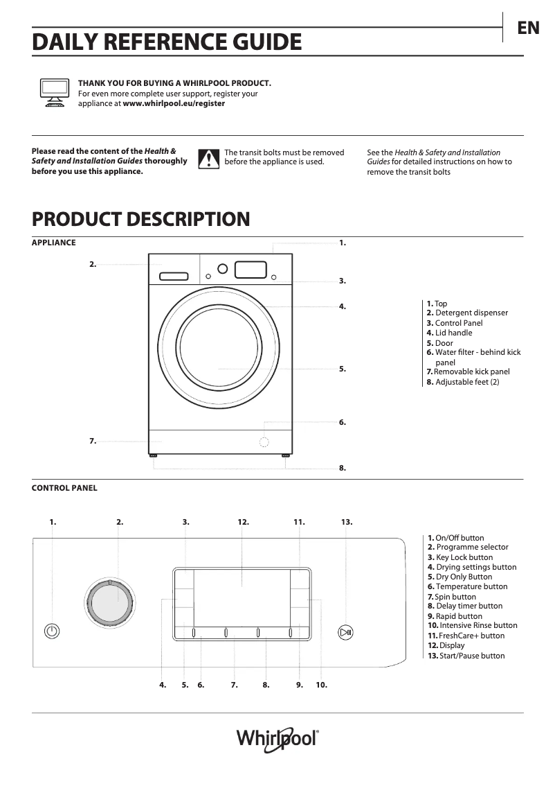 Page 1 de la notice Manuel utilisateur Whirlpool FWDD 117168W UK N