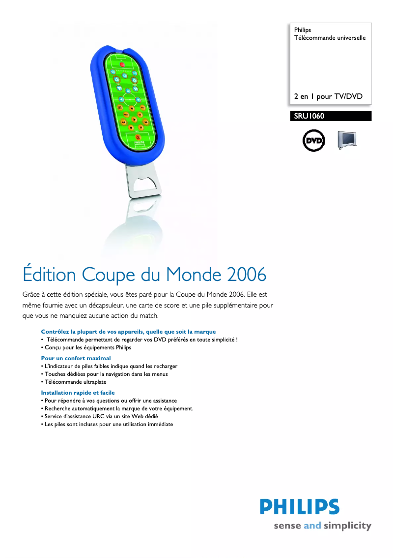 Page 1 de la notice Fiche technique Philips SRU1060