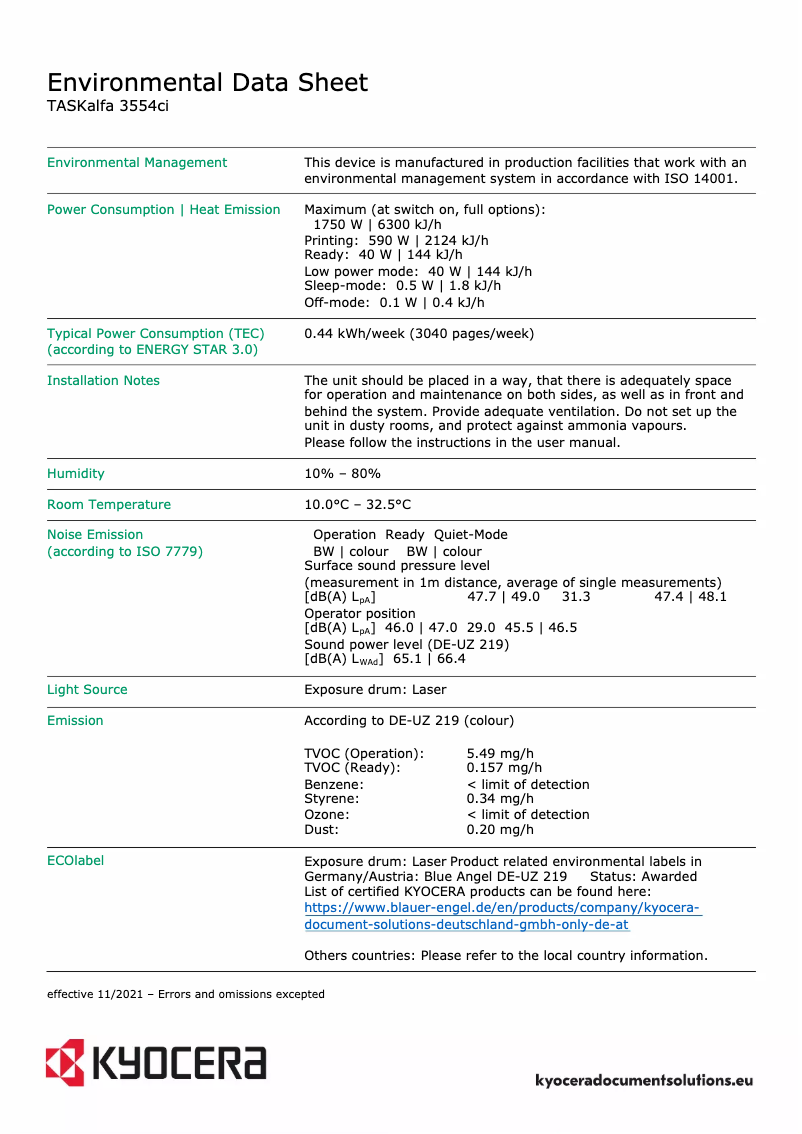 Page 1 de la notice Fiche technique Kyocera TASKalfa 3554ci
