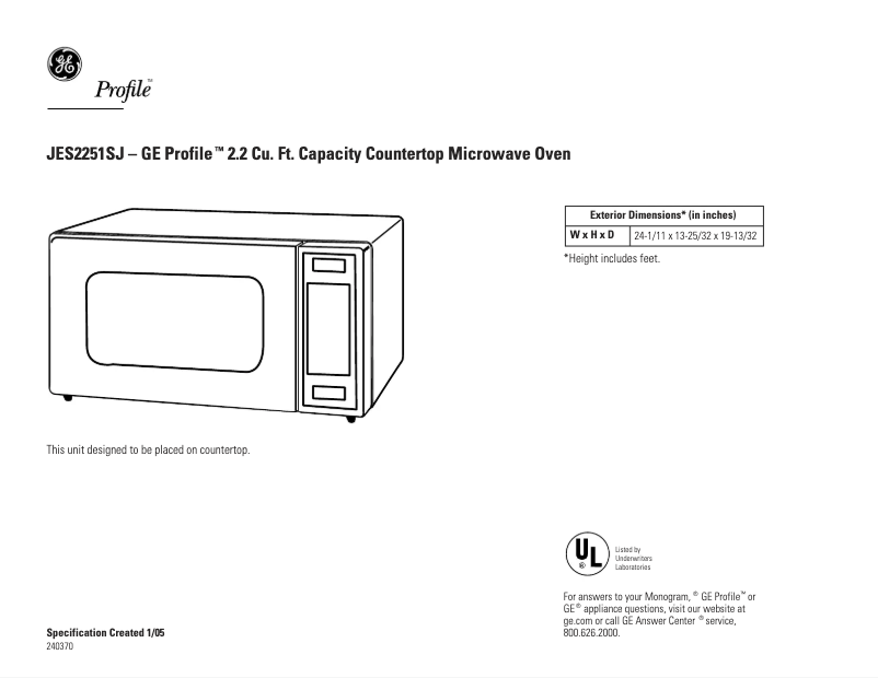 Page 1 de la notice Fiche technique GE Profile JES2251SJ