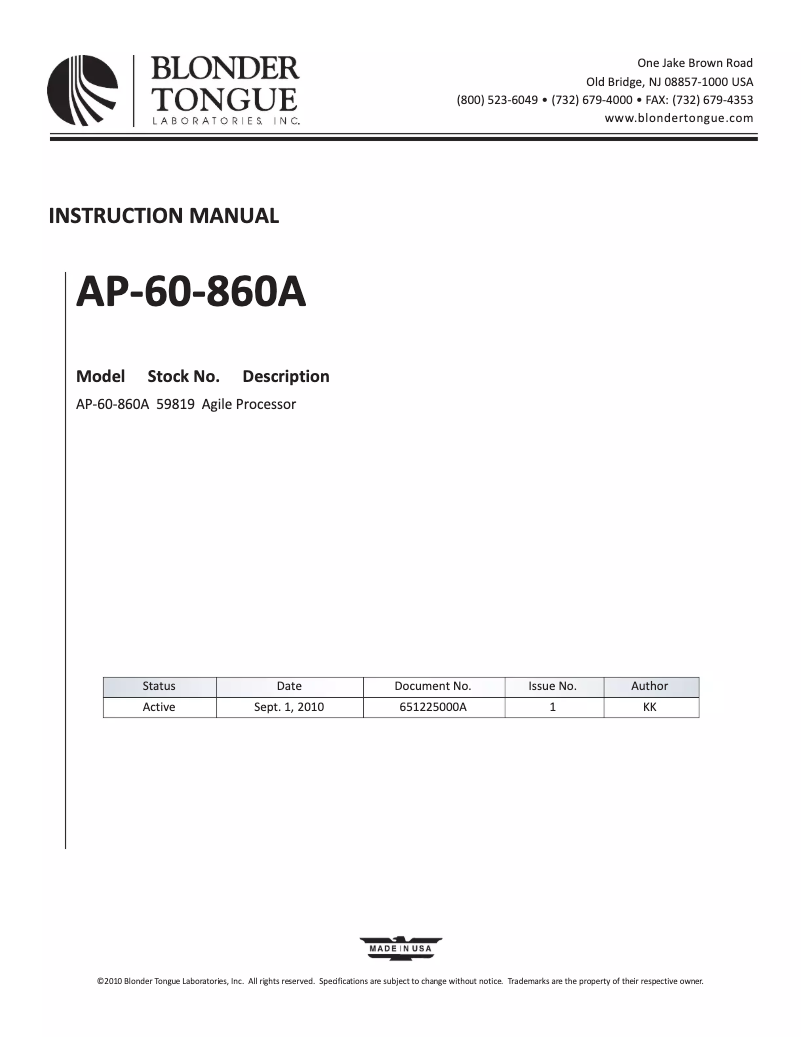 Page 1 de la notice Manuel utilisateur Blonder Tongue AP-60-860A