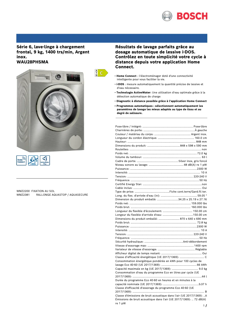Page n°1 - Fiche technique Bosch WAU28PHSMA