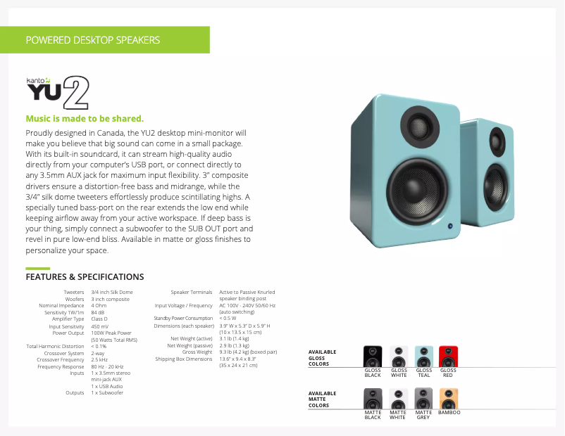 Page 1 de la notice Fiche technique Kanto YU2