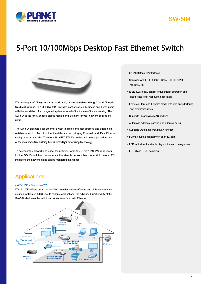 Page 1 of the manual Technical Sheet Planet SW-504