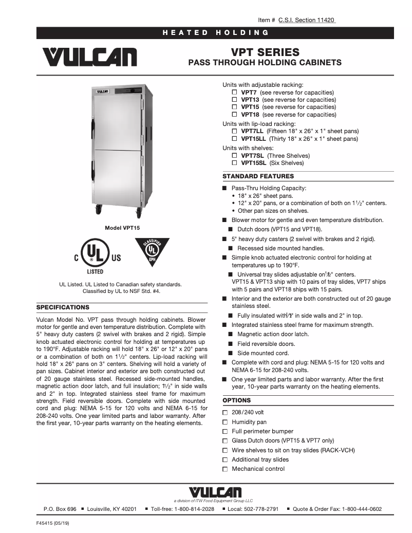Page 1 de la notice Fiche technique Vulcan VPT7