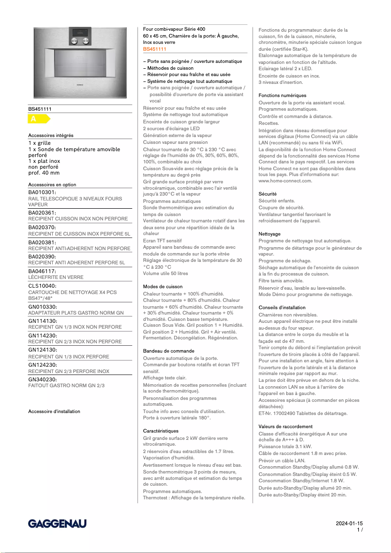 Page 1 de la notice Fiche technique Gaggenau BS451111