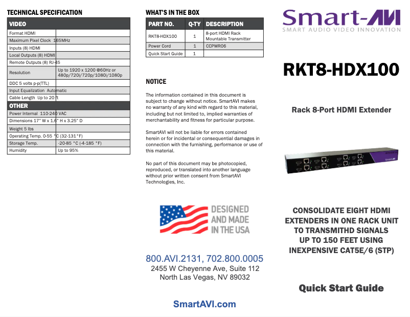Page 1 de la notice Manuel utilisateur Smart-AVI RKT8-HDX100