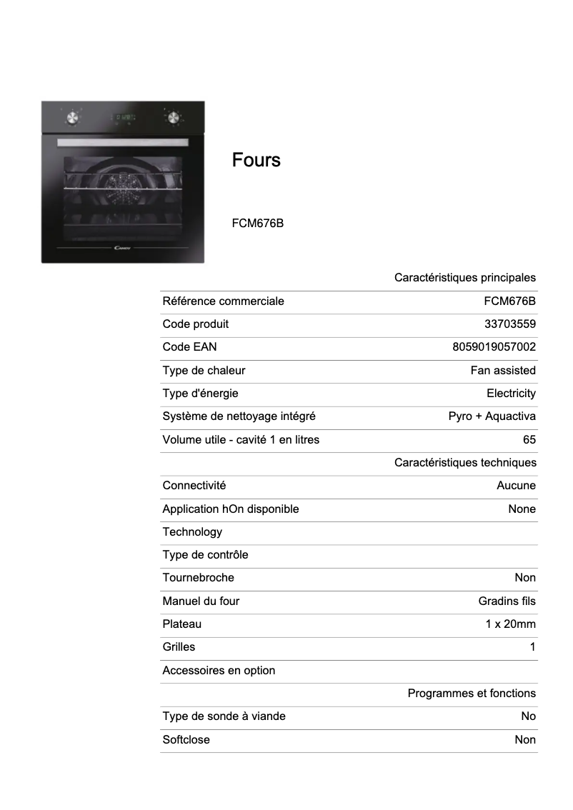 Page 1 de la notice Fiche technique Candy FCM676B