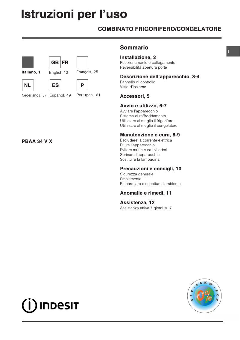 Page 1 de la notice Manuel utilisateur Indesit PBAA 34 VX