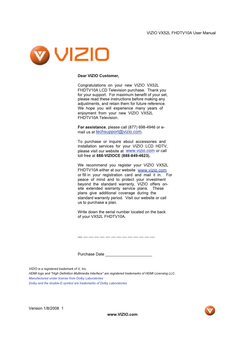 Page 1 de la notice Manuel utilisateur VIZIO VX52LFHDTV