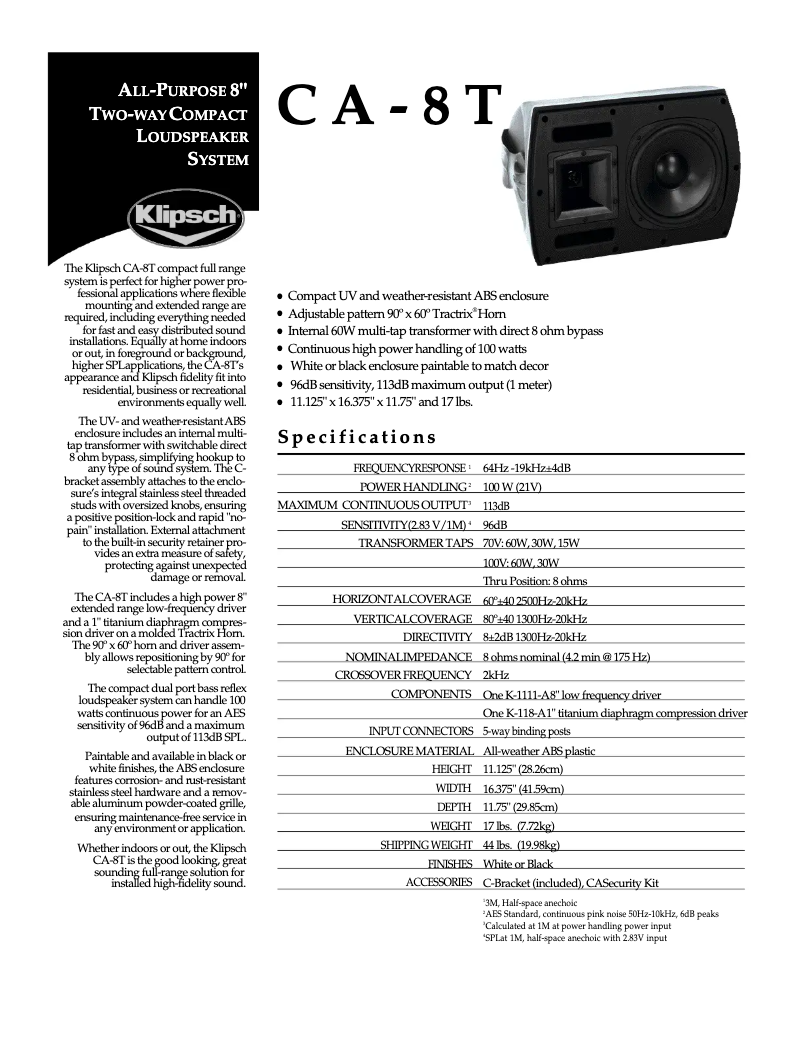 Page 1 de la notice Manuel utilisateur Klipsch CA-8T