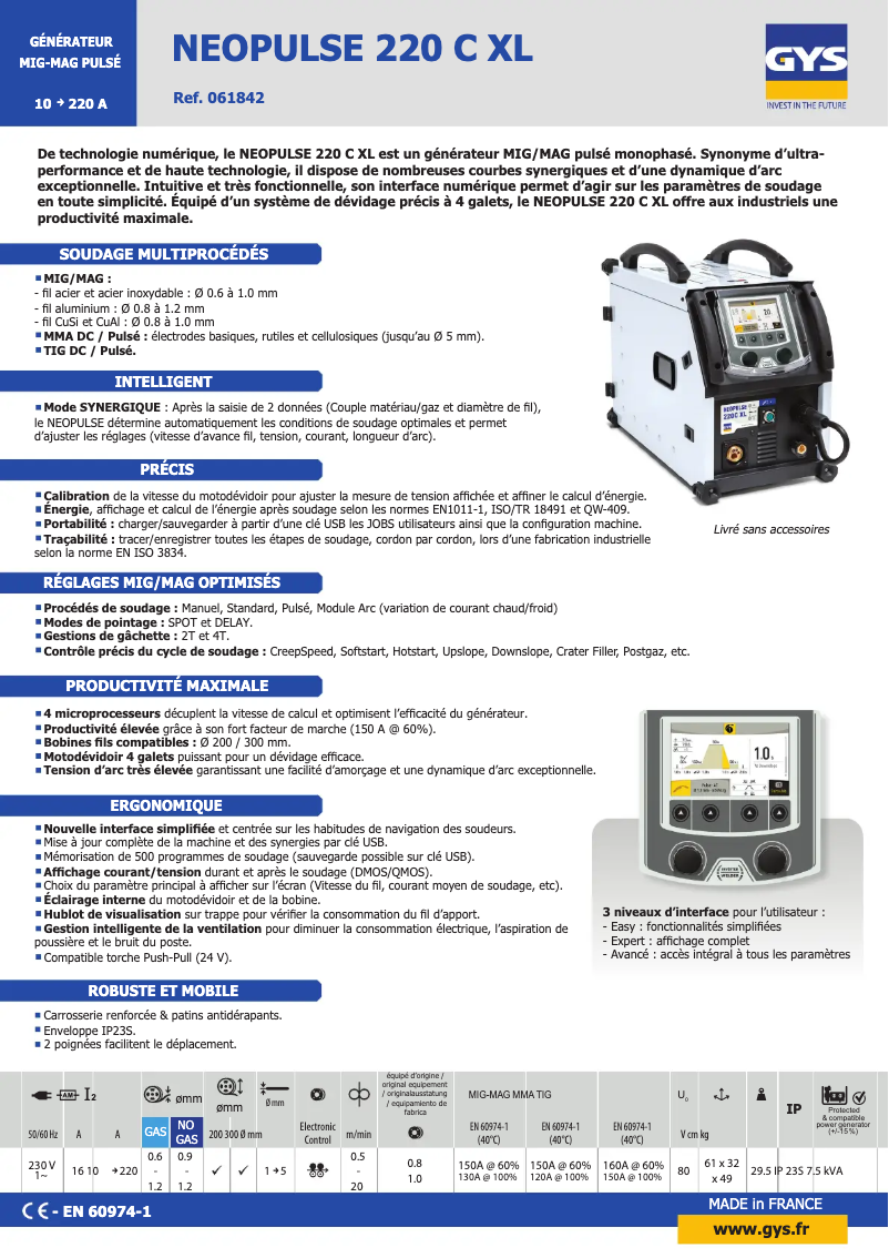 Page 1 de la notice Fiche technique GYS Neopulse 220 C XL