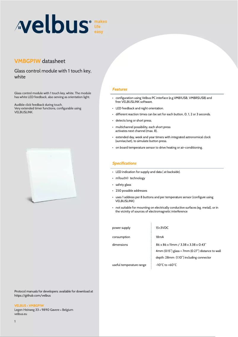 Page n°1 - Fiche technique Velbus VMBGP1W