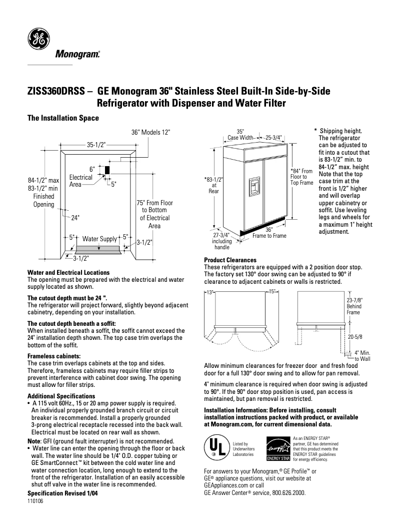 Page 1 of the manual Technical Sheet GE ZISS360DRSS