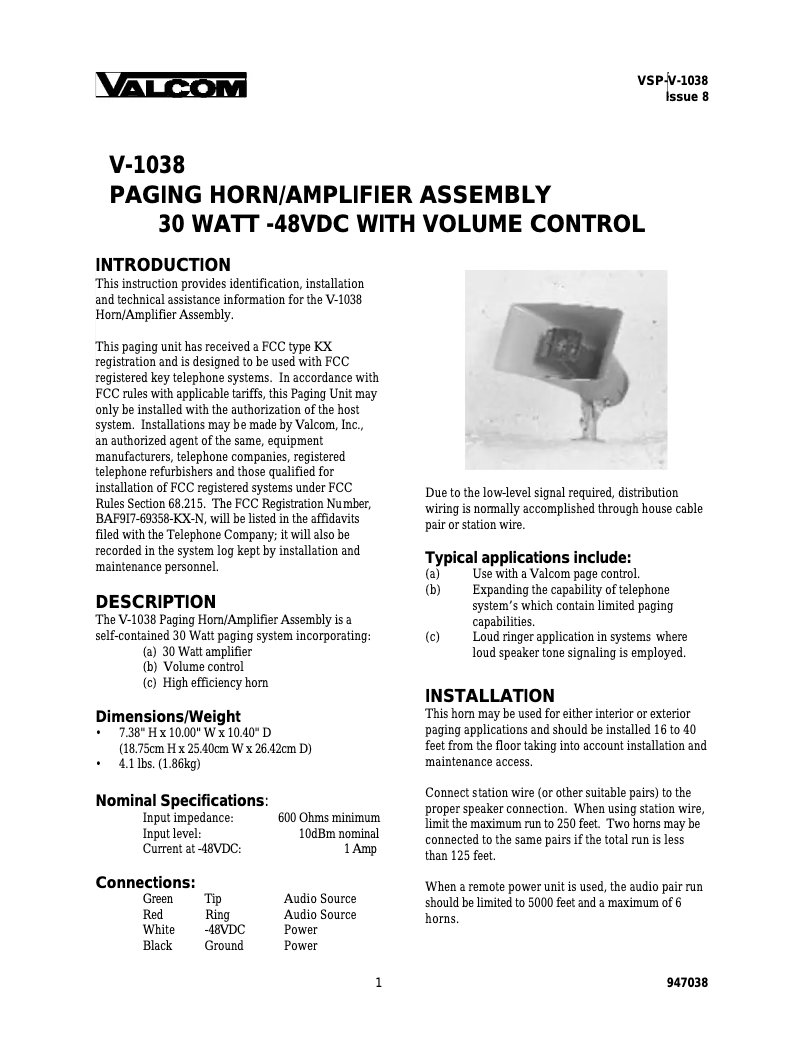 Page n°1 - Manuel utilisateur Valcom V-1016