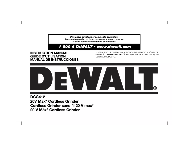 Page n°1 - Manuel utilisateur DeWalt DCG412B