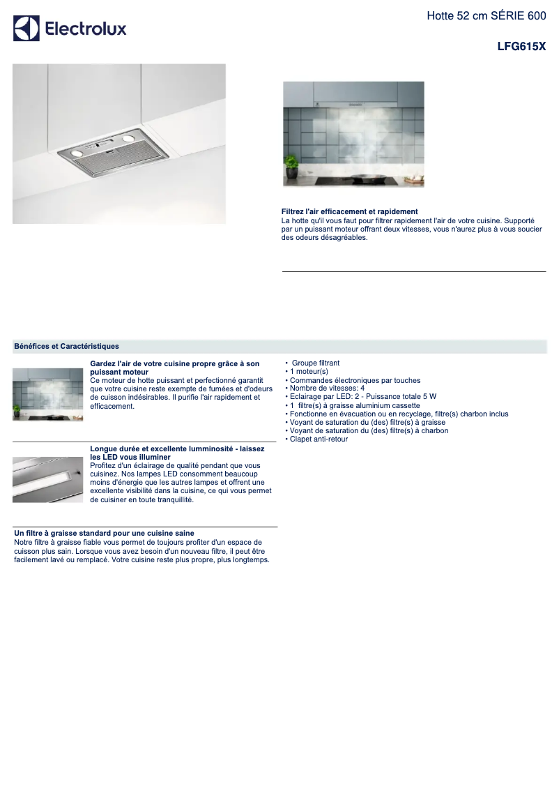 Page 1 de la notice Fiche technique Electrolux LFG615X