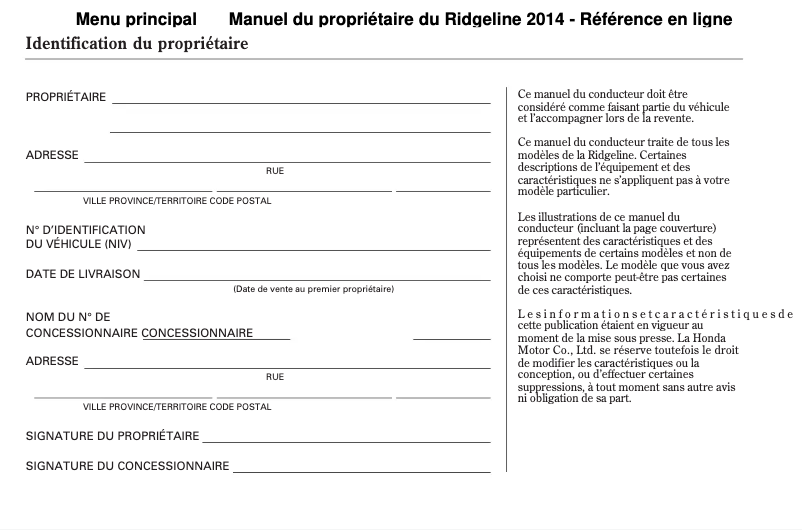 Page 1 de la notice Manuel utilisateur Honda Ridgeline (2014)