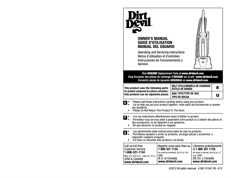 Page 1 de la notice Manuel utilisateur Dirt Devil Pro Power Cyclonic