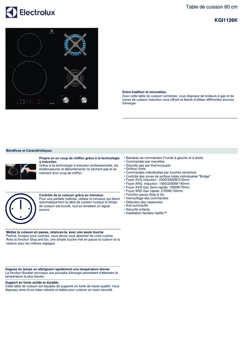 Page 1 de la notice Fiche technique Electrolux KGI1126K